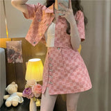 Sexy Plaid Skirt Suit Women 2 Piece Set Korean Style Short Sleeve Cropped Jacket And Design Pin A-Line Mini Skirt