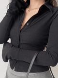 Polo Neck Long Sleeve Rib Blouse-Outfit