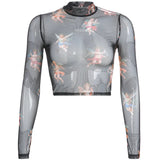 Toloer Women's Cheruel Print Gauze Short Long Sleeve T-Shirt Top Four-Leaf Clover Print