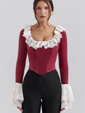 Long Sleeve Lace Flare Trim Corset Top-Outfit