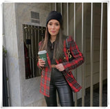 Women Red Plaid Tweed Jacket Coat With Pockets Office Ladies Double Breasted Tops Casual Outwear Chaqueta Mujer