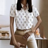 Lady Short Sleeve Print Shirt Top Casual Turn-down Collar Button Shirts For Women 2023 Spring Summer Slim Button Blouse-Outfit