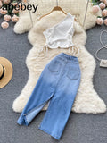 Women Two 2 Piece Set Sexy One Shoulder Crop Top+High Waist Button-up Denim Skirts Korean Office Lady Sleeveless