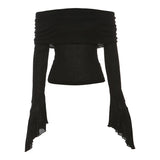 Toloer Summer Women's Solid Color Slim Fashion Temperament A Word Collar Sexy Back Long-Sleeved T-Shirt-Outfit