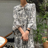 Toloer Chic Spring French Vintage V-Tie Bow Ink Print Design Loose Long Sleeve Dress-Outfit