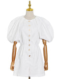 Fresh And Simple Wind 2025 Spring New Japanese And Korean Leisure Solid Color Collar Five-Point Lantern Sleeve Jumpsuit