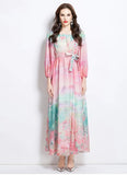 Holiday Style Dress 2025 New One-Word Shoulder Strap With Waist Lantern Sleeve Print Chiffon Long Dress