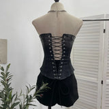 Denim Print Strap-On Corset Tsets Tsets Tsets Tsets Sleeveless Short
