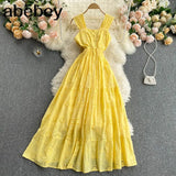 Women White/Yellow/Blue Hollow Out Party Long Dress Vintage Square Collar Spaghetti Strap Vestidos Female A-Line Robe Summer