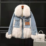 2022 Women Winter Fashion Thick Faux Fox Fur Jackets Female Patchwork Denim Coats Ladies Long Sleeve Loose Warm