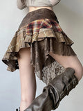 Cloth Forgets The Stray Girl Wasteland Wind Wearing A Check-And-Dress Splicing Skirt Retro V-Shaped Waist Lace