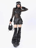Black Thread Leather Socks for Women Splice 3D Pocket Leg Covers Spicy Girls Over Knee Boot Cuffs Harajuku Leg Warmers-Outfit