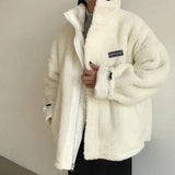 Deeptown White Fleece Jackets Solid Color Coat Long Sleeve Zip Up Coats Korean Style 2021 Oversized Lambswoo Reversible
