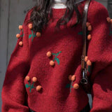 2021 Valentine's Day Red Sweaters Cherry Short Women Winter Clothes Loose Coat Cherries Korean Style Tops Pulover