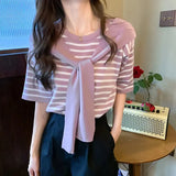 Red Fashion Short-Sleeved Knitted Shirt 2025 New Ocean Shawl Fake Two T-Shirt Striped