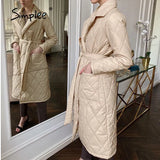 Simplee Long straight winter coat with rhombus pattern Casual sashes women parkas Deep pockets tailored collar stylish