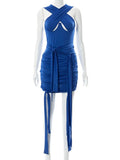 Blue Bodycon Dress Sleeveless Sexy Clubwear Women Irregular Criss Cross Laceup Hollow Out Mini Party Dresses