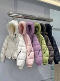 Puff Hooded Down Jacket Women's Short Winter 2024 New Add Thick Color Zipper Sleeve White Duck Velvet Bread Coat-Outfit