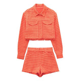 Spring Women 2 Pice Set 2022 New Fashion Cropped Textured Long Sleeves Top Woman Blazer+ High Waist Casual Shorts Chic
