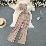 Women Solid Sexy Two Pieces Sets Summer Strapless Slim Camisole + Wide Leg Long Pants Sets Streetwear Two Piece