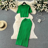 Toloer Hot Girl Suit Female Summer Korean Version Round Collar Knit Short Sleeve Short Jacket High Purse Hip Skirt Two