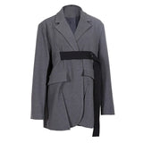 Women Gray Ribbon Slit Big Size Blazer New Lapel Long Sleeve Loose Fit Jacket Fashion Tide Spring Autumn 2023