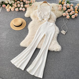 Women Summer Two Pieces Sets Sleeveless Slim Short Tops+High Waist Wide Legs Long Pants Fashion Long Two Piece