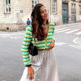 2022 Cardigan Top Women Autumn French Fashion Stripe Patchwork V-neck Hollow Knit Sweater Female Single-Breasted Short