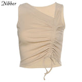 slim drawstring tees summer basic solid tshirt 2020 street casual female simple sleeveless wear elegant Vacation crop