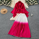 Wrinkled Butterfly Sleeve Gradient With Shawl Short Coat Top + Gradient 100 Folded Skirt Two-Piece