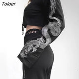 2023 Autumn Crop Sweatshirt Dragon Print Long Sleeve Korean Fashion Pullover Black Casual Gothic Streetwear