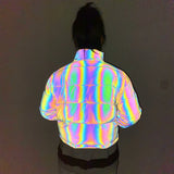 2024 Winter New Short Standing Collar Dazzling Color Reflective Cotton Clothes Women's Fashion Laser Cotton Clothes-Outfit