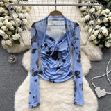 Girls Tie-Dye Mesh Jersey Long-Sleeved T-Shirt Girl Thin Perspective Temperament Fashion Folding