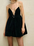 Velvet V-Neck Backless Strap Mini Dress-Outfit
