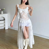 Toloer Summer New Women's French Lace Hollow Perspective Slit Slip Dress-Outfit