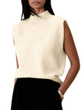 Toloer New Women's Solid Color Half High Neck Sleeveless Vest Fashion Simple Knit Loose-Outfit