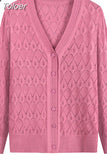 Fashion Solid Color Women Knitted Cardigan Coat Autumn Winter 2023 Casual V Neck Long Sleeve Crochet Knitwear