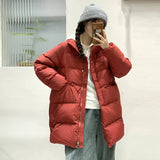 Pinghu Down Jacket Female 2024 Winter New Thickened Stand Collar Long Button Warm White Duck Down Coat Tide-Outfit