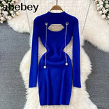 Out Autumn Women Knitted Dress Long Sleeve Elastic Waist Fashion Warm Dress Winter Bodycon Mini Sweater