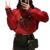 Spring And Autumn New Korean Version Of Vintage Disc Buckle Semi-Zipper Sweater Fashionable Chinese Style Pullover Girl-Outfit