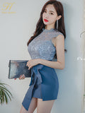 Han Queen Hot sale Summer Korean New OL Elegant Lace Hollow Out Tops + Bow Bandage Bodycon Mini Skirt 2 Pieces Suits Sexy Set-Outfit
