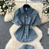 Light-Cooked Wind Strap To Close Waist Short-Sleeved Cowboy Topess Female High-Waisted Fork Hip Skirt Summer