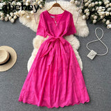 Green/White/Pink Summer New Lace Embroidery Dress Women Short Sleeves Dresses Female Vintage Party Beach Maxi Long