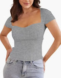 Toloer Sell Versatile New Fashion Slim Square Neck Stretch Shoulder Short Sleeve Sweater Sweater Woman-Outfit