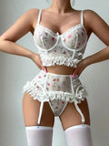 White Mesh Floral Print Lingerie Set-Outfit