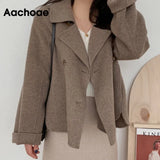 Aachoae 2021 New Fashion Women Elegant Double Breasted Long Sleeve Wool Coats Autumn Winter Chic Casual Solid Color