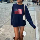 Women's Y2K American Retro Vintage Flag Sweaters Casual Long Sleeve Crew Neck Loose Fit Knit Pullover Jumper Tops-Outfit