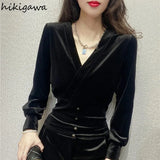 Blouses for Women V-neck Slim Fit Black Velvet Shirts 2023 Blusas Mujer De Moda Fashion Temperament Korean Blouse