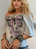 Niche Design Sense Retro Print Shoulder Short-Sleeved T-Shirt Hottie Side Shoulder-To-Shoulder-To-Shoulder-To-Shoulder-To-Wear