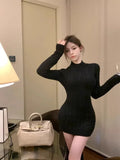 Knitted Dresses Women Sexy Half High Collar Bandage Backless Slim Stretch Basic Dress Elegant Bottoming Fashion-Outfit